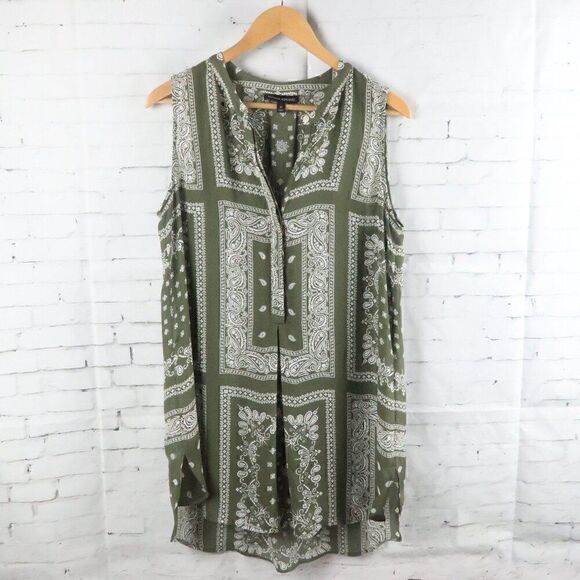 BANANA REPUBLIC SEAWEED GREEN PAISLEY BANDANA PRINT SLEEVELESS TUNIC TOP SIZE M - Picture 2 of 10